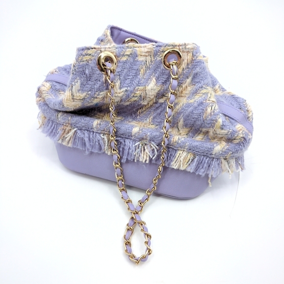 BTB Los Angeles Colette Bucket Bag Tweed Purple and Cream Purse Chain Strap - Picture 7 of 14